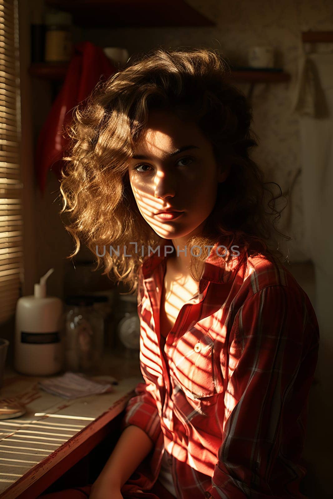 Young woman at a window in sunday early morning