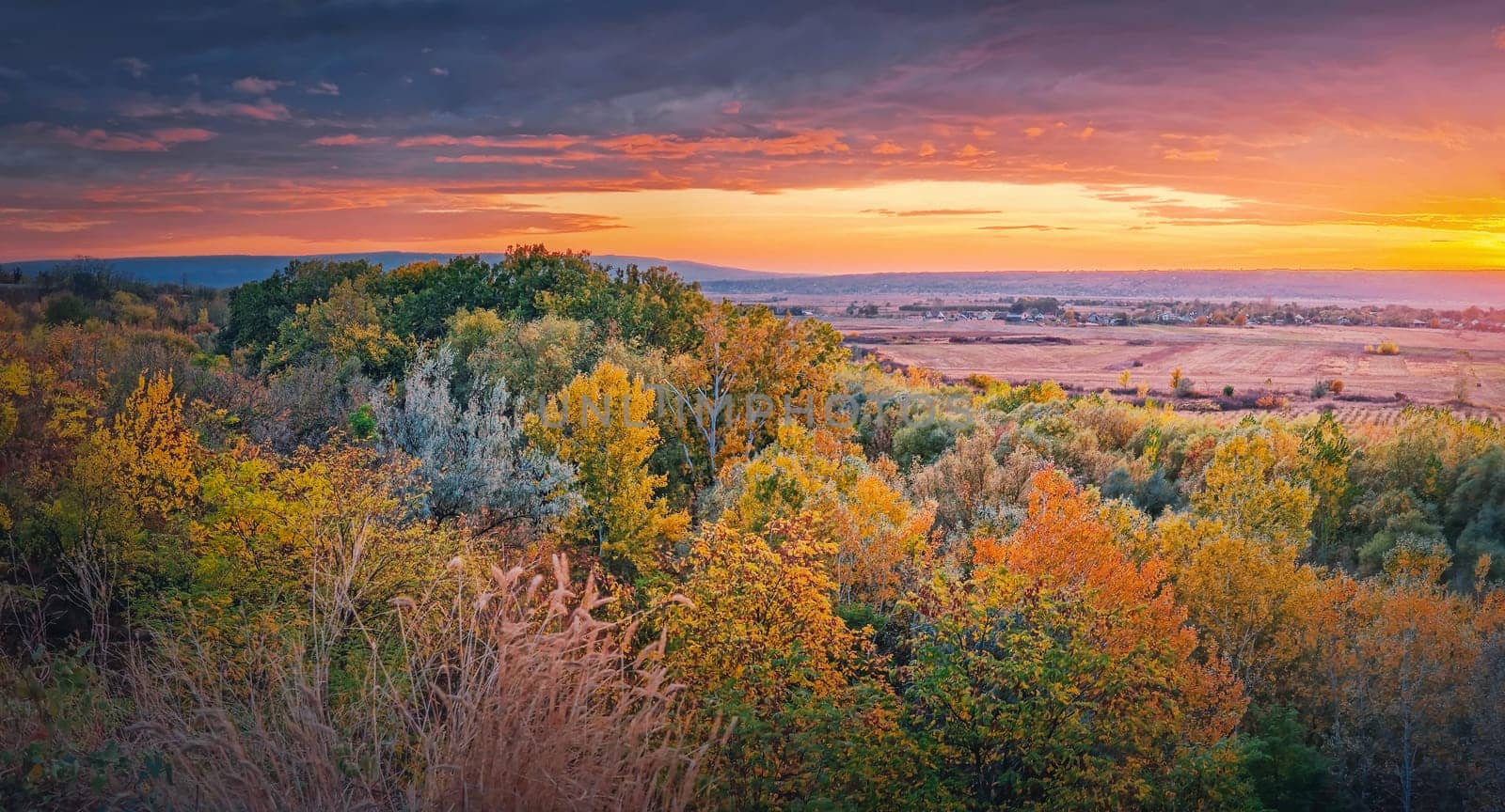 Colorful autumnal landscape. Beautiful view over the valley to the forest sunlit by the warm sunset light. Picturesque fall season scenery