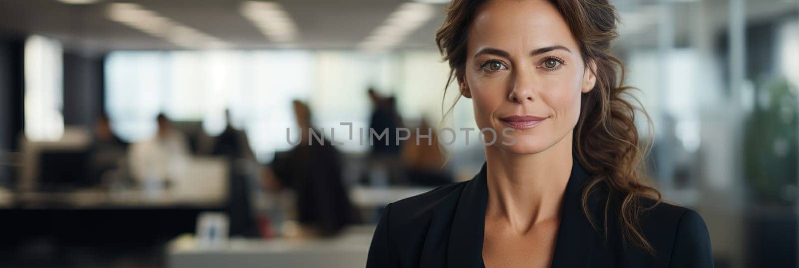 Smiling confident business leader looking at camera and standing in an office at team meeting. Portrait of confident businesswoman with colleagues in boardroom. Posing while holding digital tablet.