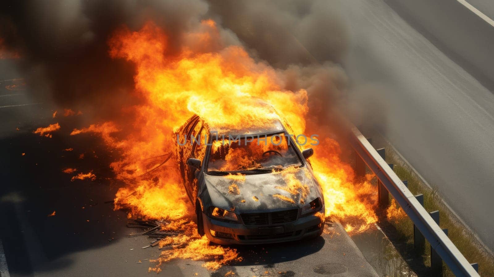 Car on fire. A burning electric vehicle on highway. Aerial View.