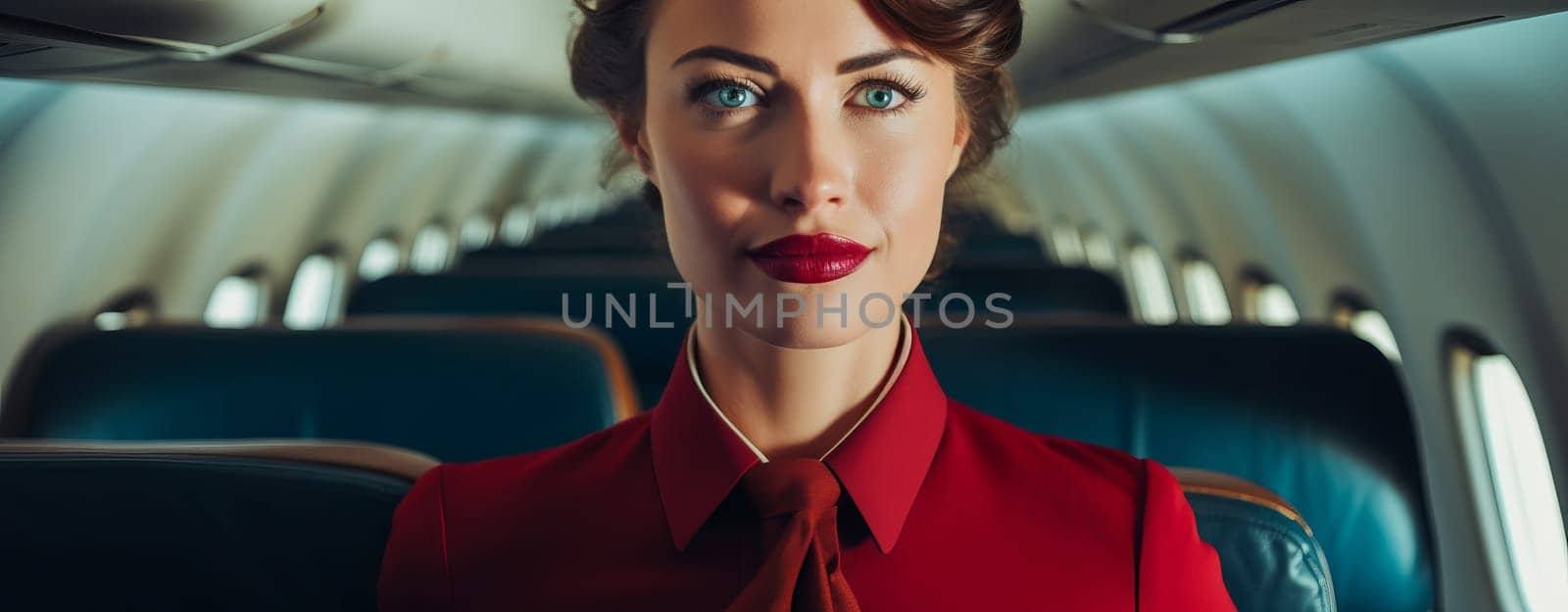 Young and pretty Stewardess with airplane interior in the background