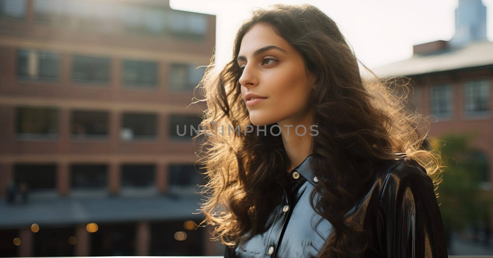 Young woman model in leather jacket on a sunny day in New York.