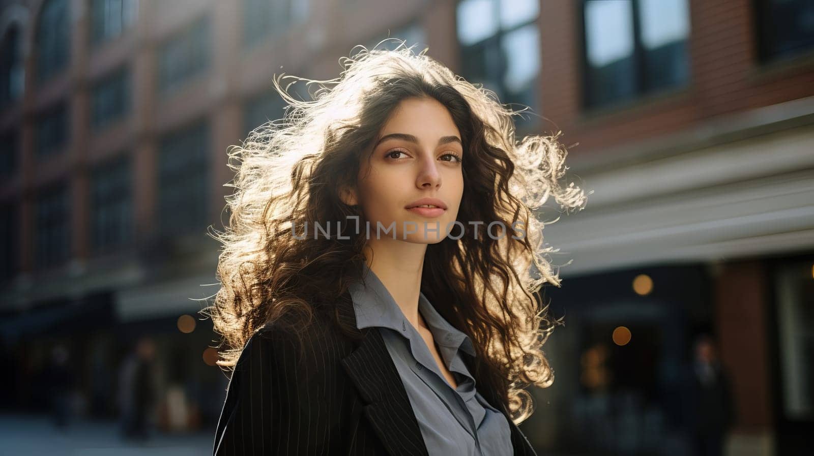 Young woman model in leather jacket on a sunny day in New York.