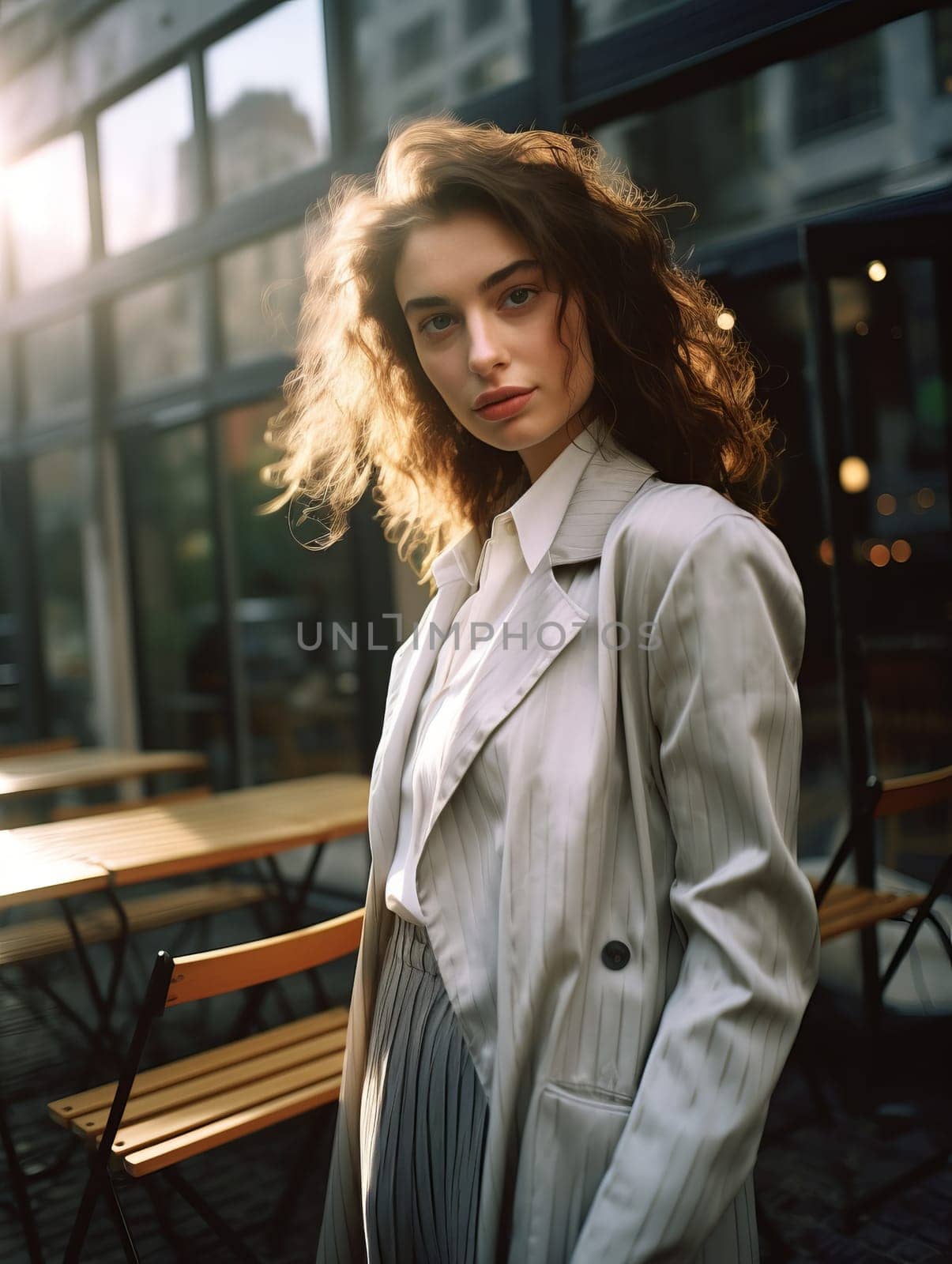 Young woman model in leather jacket on a sunny day in New York.