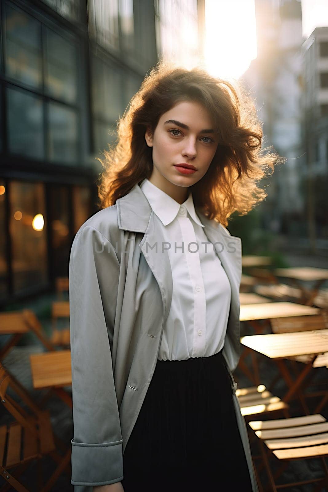 Young woman model in leather jacket on a sunny day in New York.
