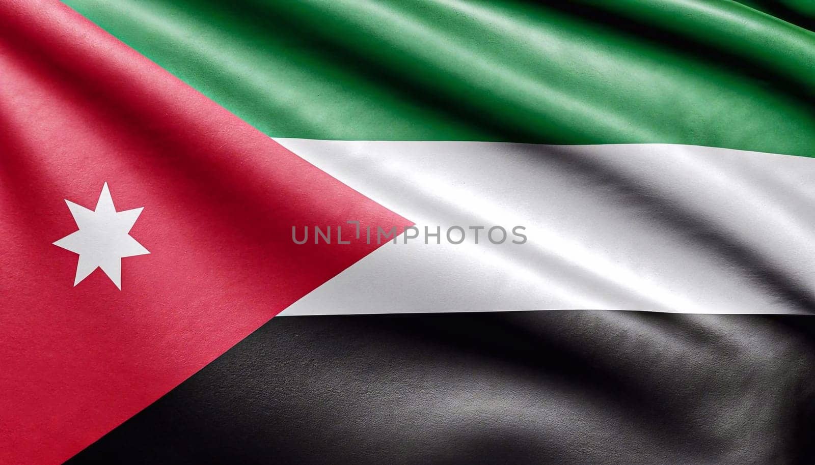 Jordan flag with big folds waving close up under the studio light indoors. The official symbols and colors in fabric banner