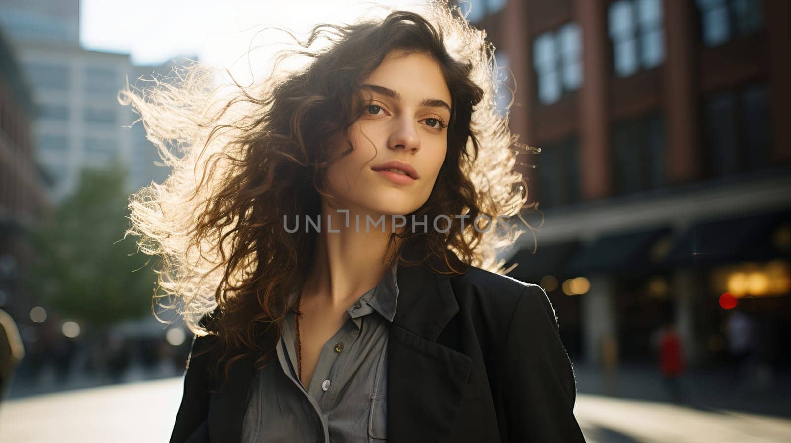 Young woman model in leather jacket on a sunny day in New York.