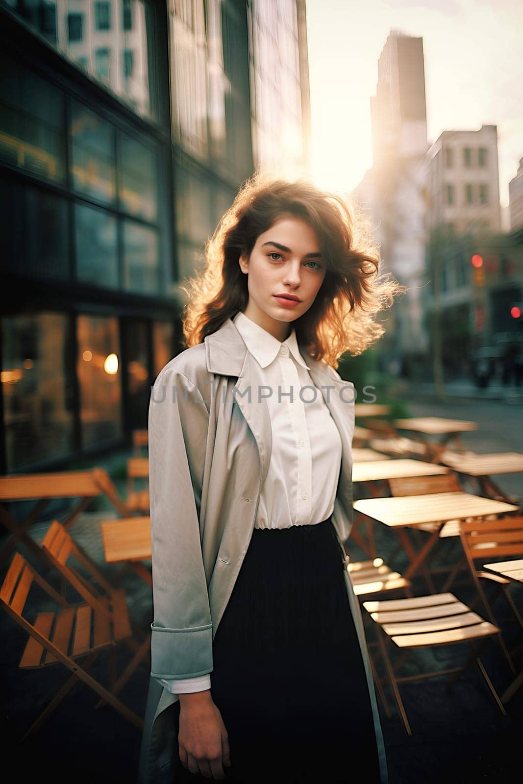 Young woman model in leather jacket on a sunny day in New York.