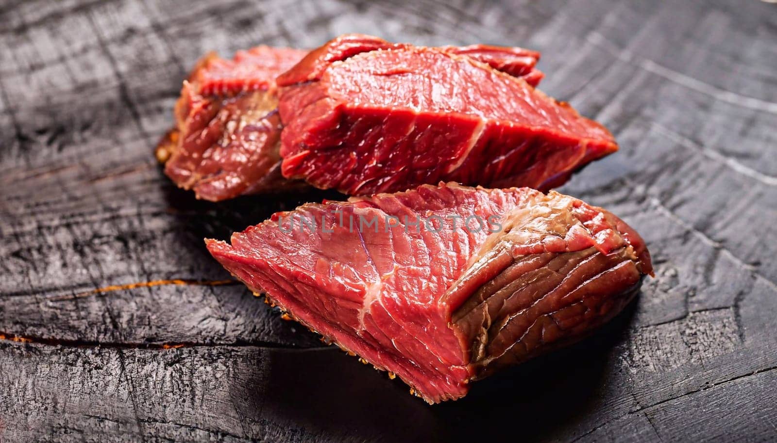 Raw pieces of beef on a stone board with a sprig of rosemary and a knife. On a black background. High quality photo