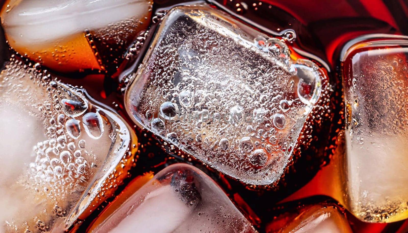Cola in glass with ice from top. macro photo of a glass with Coca Cola and ice cubes top view
