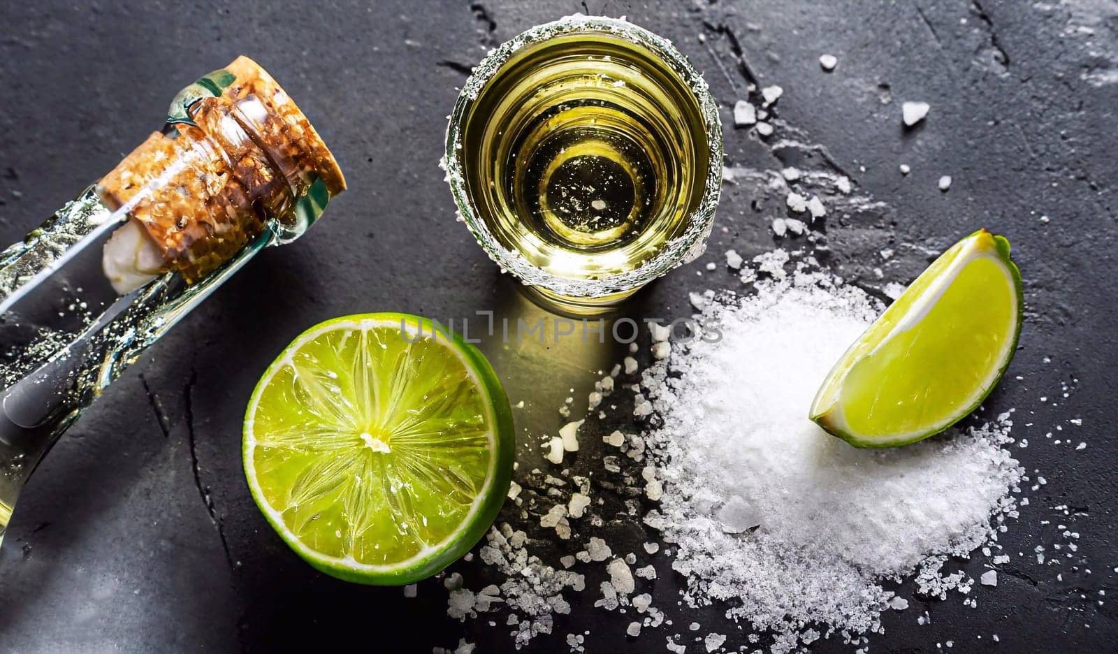 Mexican Tequila Tres Sombreros bottle with lime, salt and shot glasses closeup against dark background