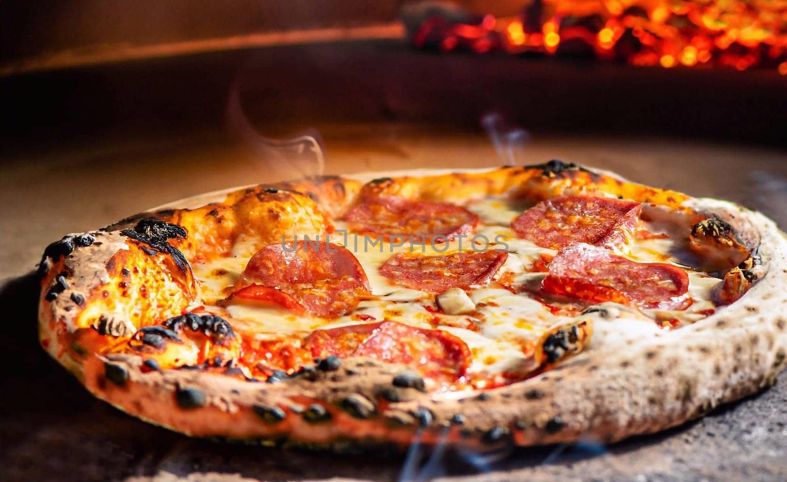 The collected pizza was put in the oven for baking. The photo shows burned wood and fire. Pizza making Process