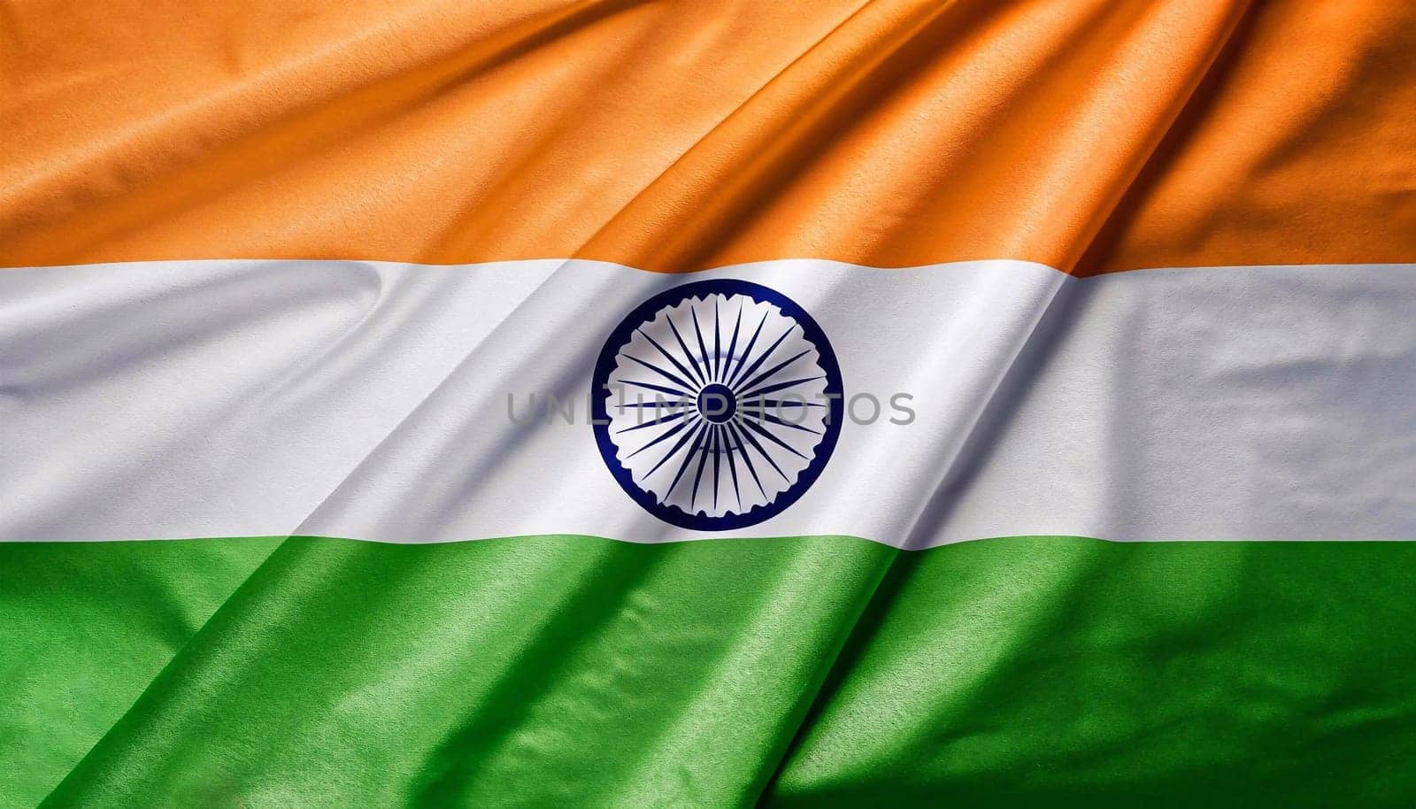 Close up realistic texture fabric textile silk satin flag of India waving fluttering background. National symbol of the country. 15th of August, Happy Day concept