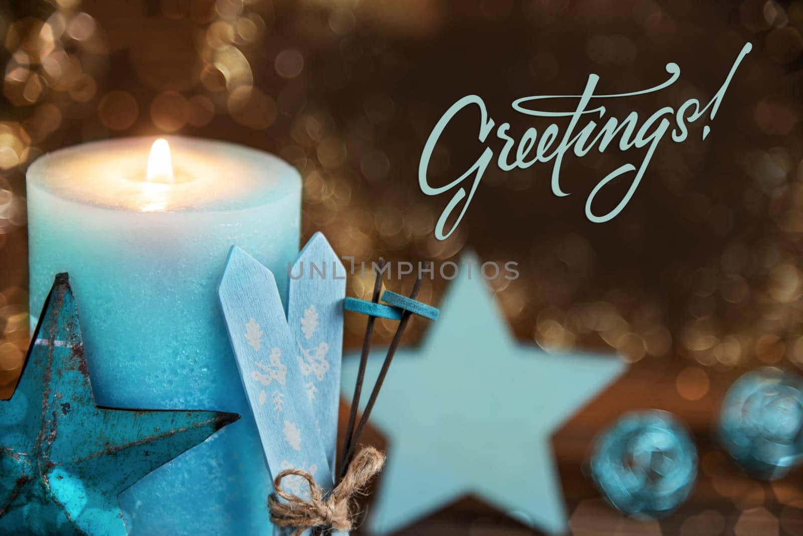 Text Greetings, Candle Closeup With Festive Christmas Decoration, Winter Background, Turquoise, Heart And Star