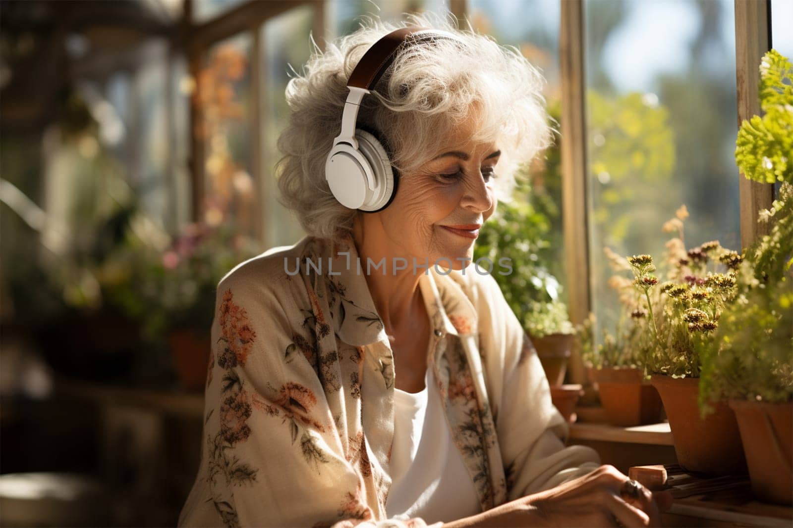 happy senior woman in headphones surrounded by plants on the greenhouse.Generative AI