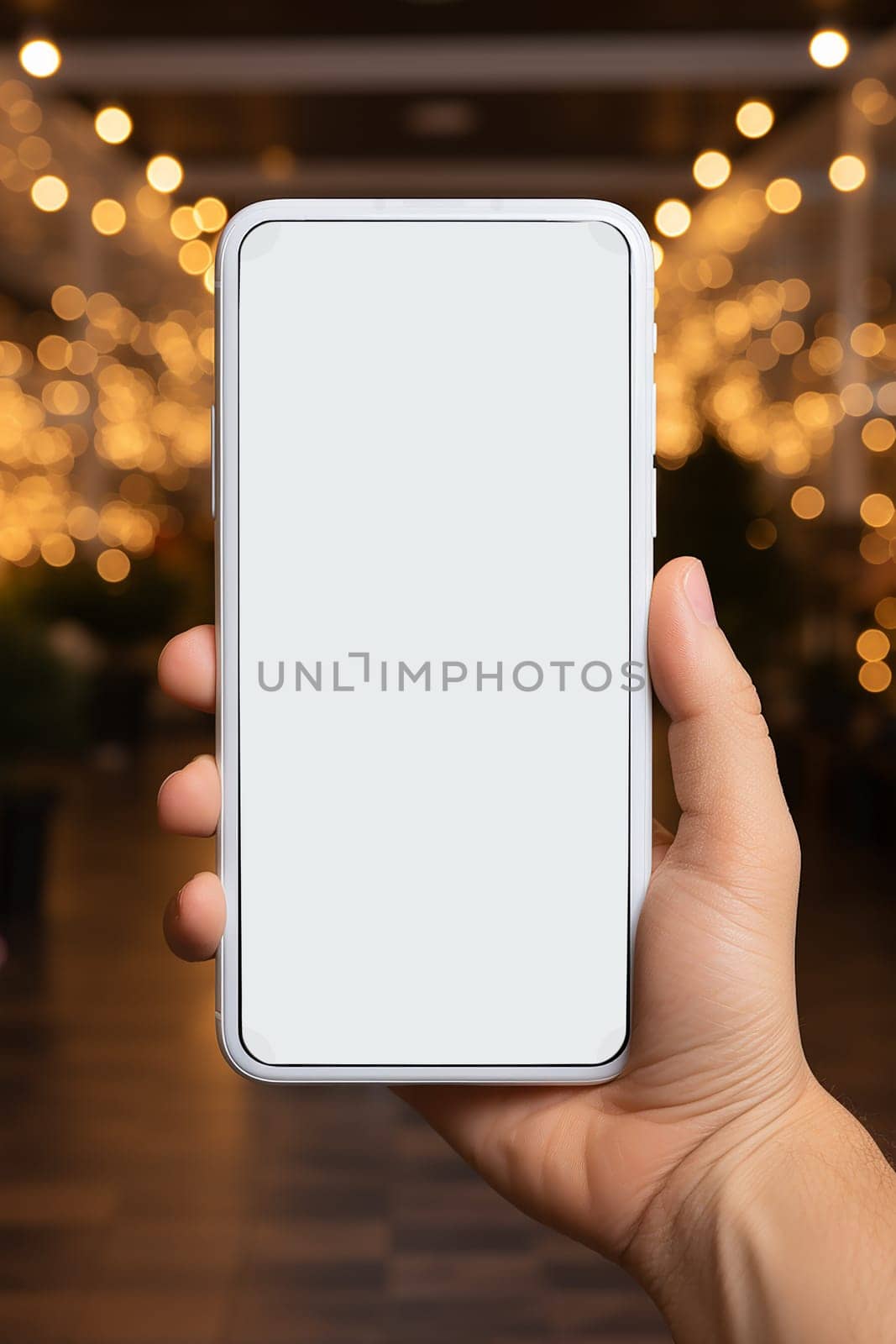 A hand holds a black smartphone with a blank screen on a Christmas background.copy space,mockup