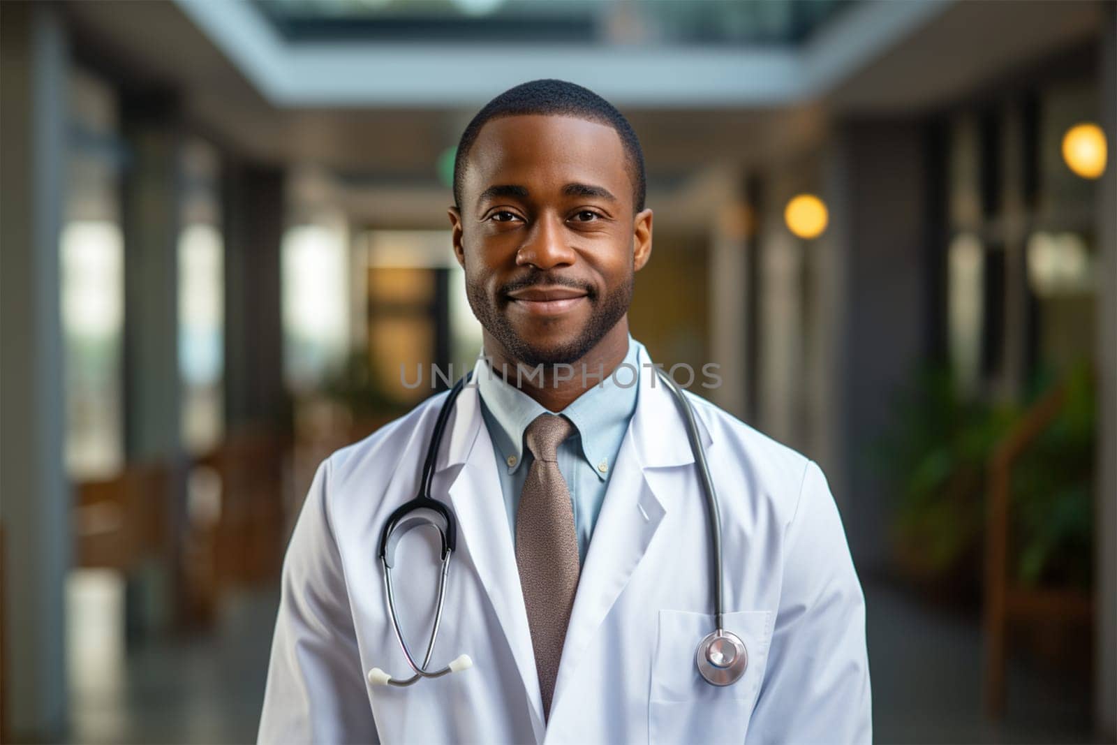 young smiling doctor in a robe and with a stethoscope in the clinic .Generative AI