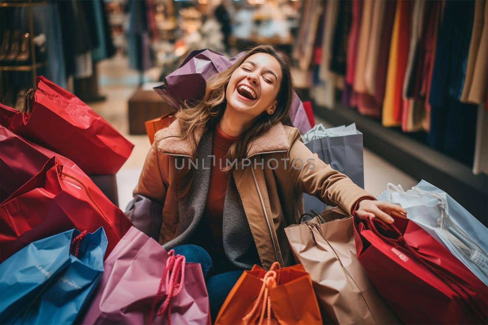 young woman with shopping bags in a store. the woman is glad and happy with the number of purchases and discounts.Generative AI