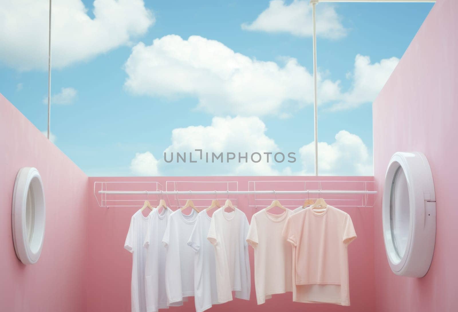 laundry day. laundry hanging on a line, surreal style in pastel colors. free space for text.Generative AI