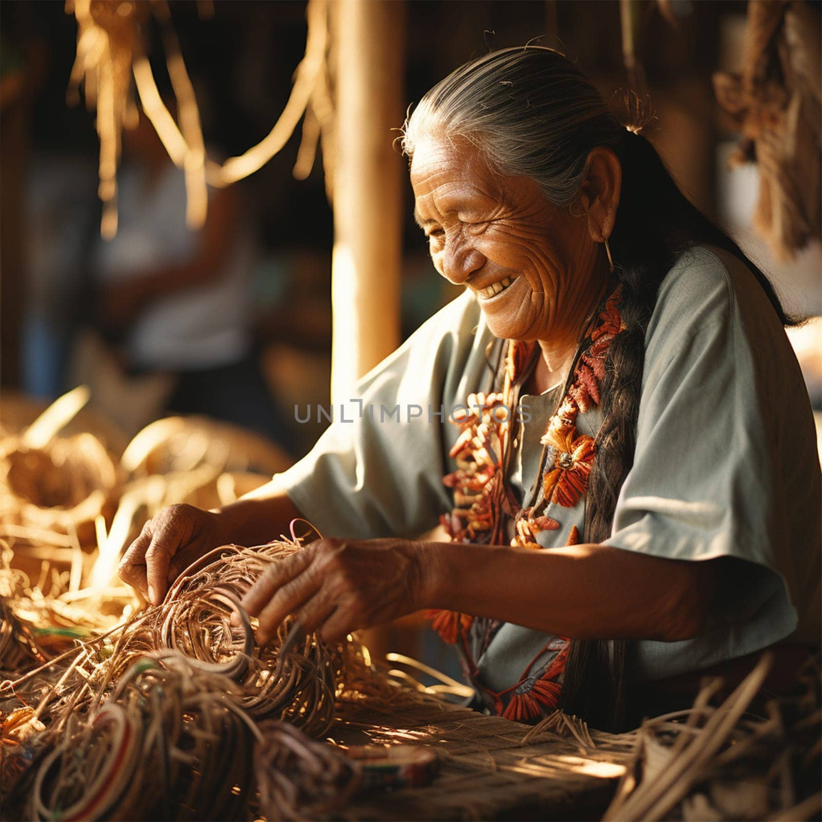 A craftswoman in ethnic clothing prepares bamboo and straw for weaving items and baskets. historical and modern crafts.Generative AI
