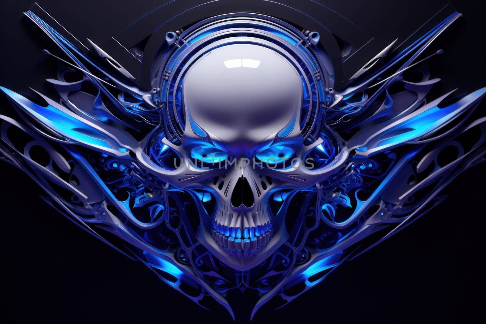 Skull in a blue neon glow. Halloween concept. Generative AI