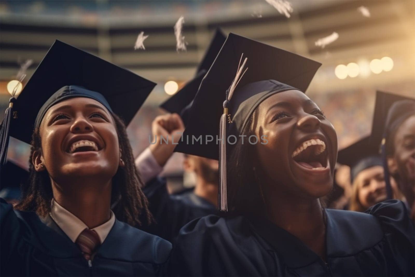 A group of joyful multiracial graduates toss their graduation hats into the air to celebrate the completion of their studies. education concept. Generative AI