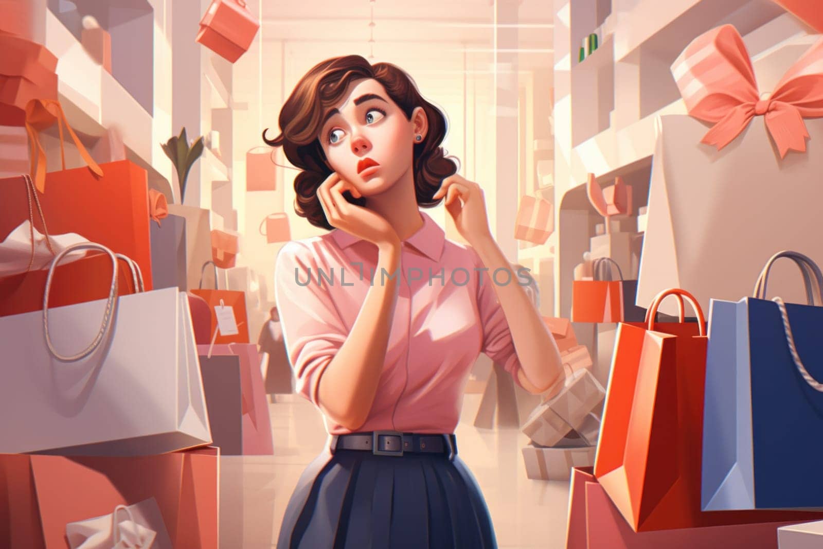 young woman with shopping bags in a store. the woman is confused and frightened by the amount of shopping and spending.Generative AI