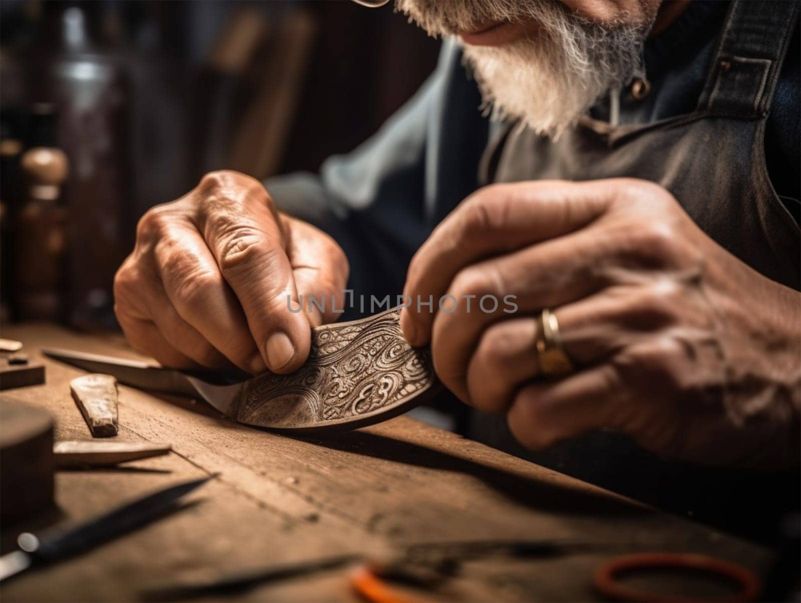 close-up of the hands of a master making an ethnic folk design with embossing on metal. historical and national crafts. Generative AI