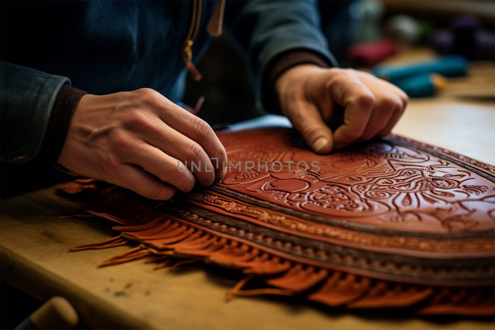 close-up of the hands of a craftsman working in a traditional leather workshop producing bags, wallets and accessories. historical and modern crafts.Generative AI