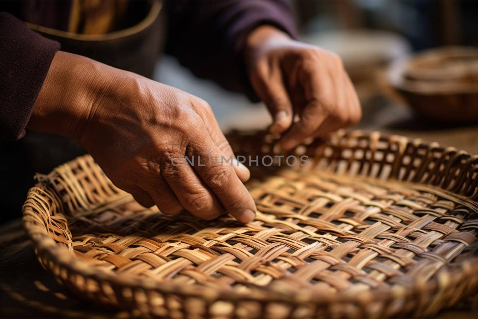 old traditional crafts.weaving baskets, trays and utensils.Heritage craft. Generative AI