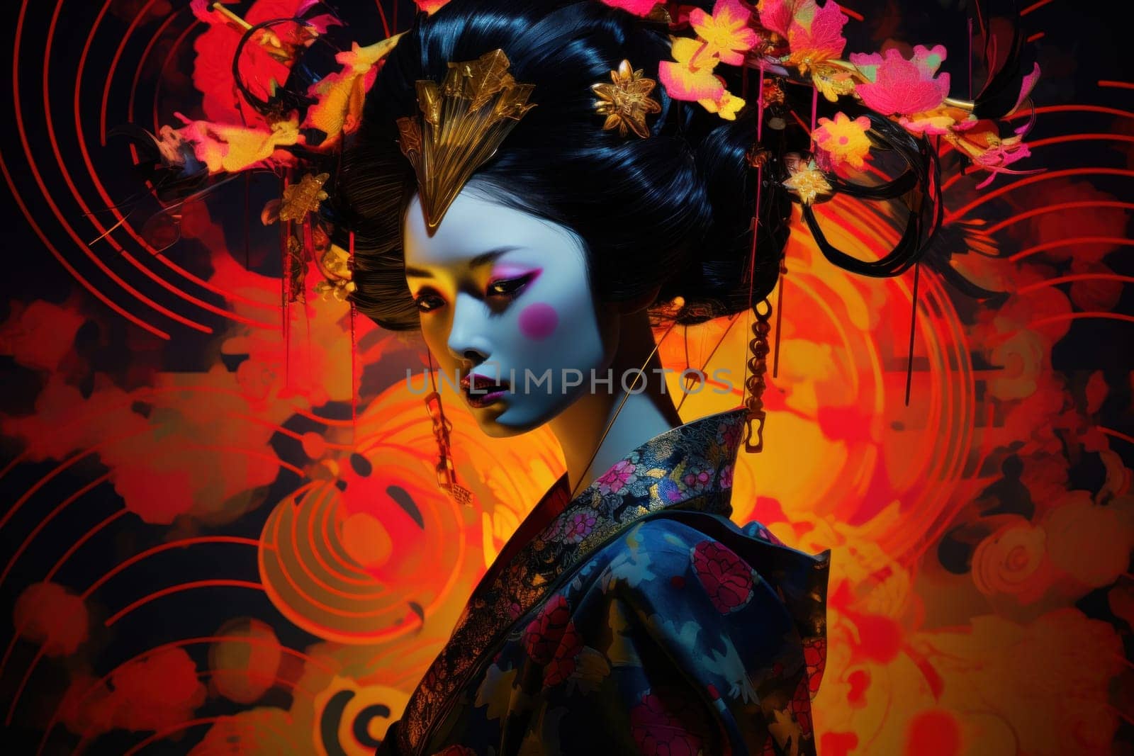 young beautiful woman in kimono with sakura and decorations .Generative AI