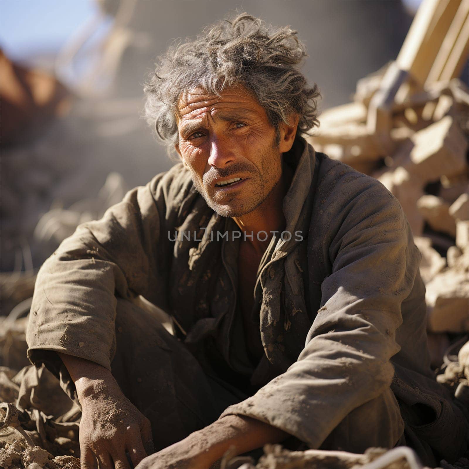 a shocked man sits on the ruins of a house in a city destroyed by an earthquake or war. Generative AI