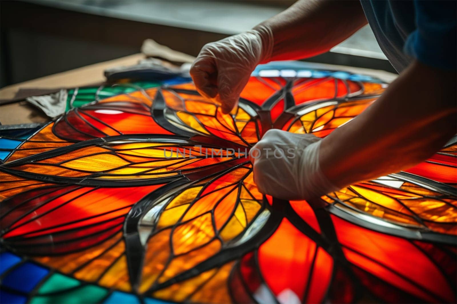 Various stages of working with stained glass. Master's hands make stained glass, stained glass making, Heritage Craft.Generative AI