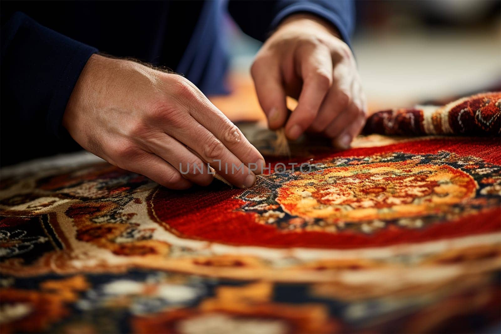 close-up of the hands of a master restoring an old carpet. Restoring damaged old rug. historical and modern crafts. Generative AI