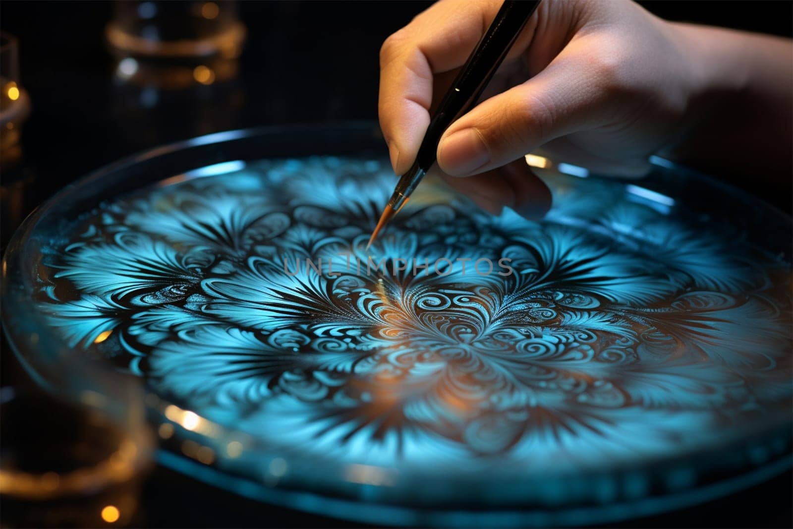 close-up of the artist's hands. painting with stained glass paints and linear paints on transparent glass. historical and modern crafts.Generative AI