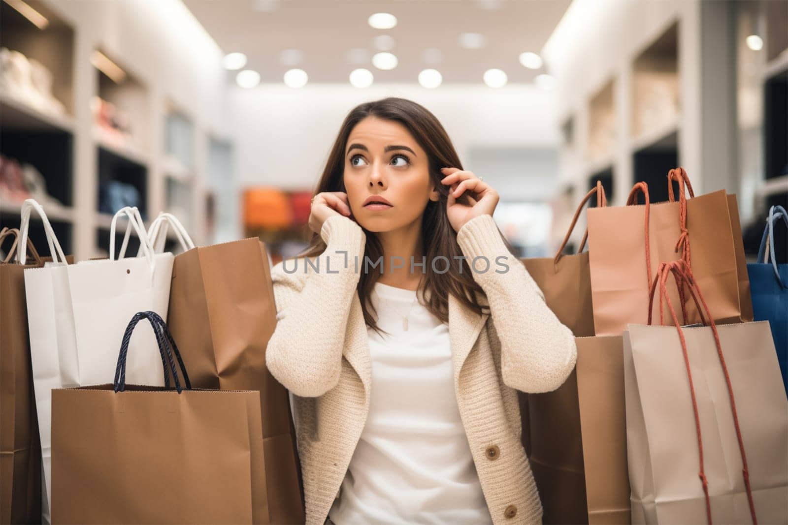 young woman with shopping bags in a store. the woman is confused and frightened by the amount of shopping and spending.Generative AI