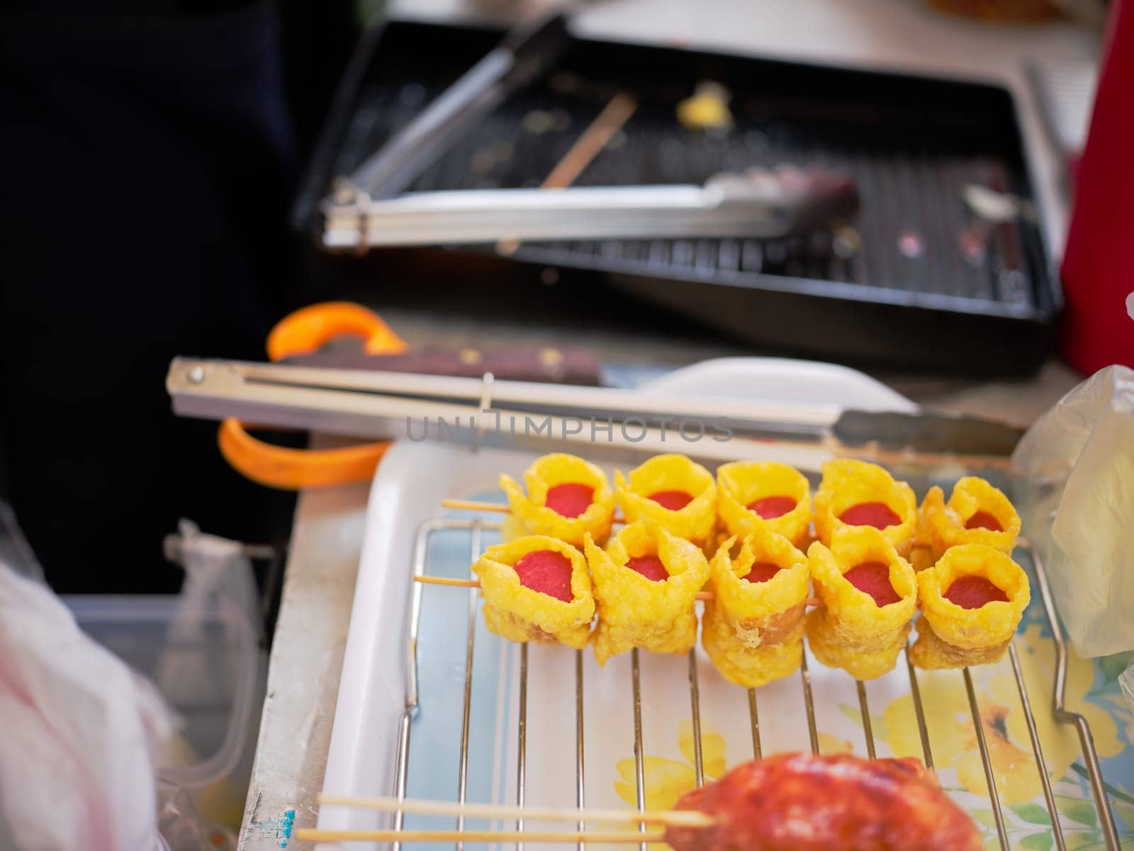 Meat and fish ball ,sausage wood stick at Street market , Thai Street food in Thailand.