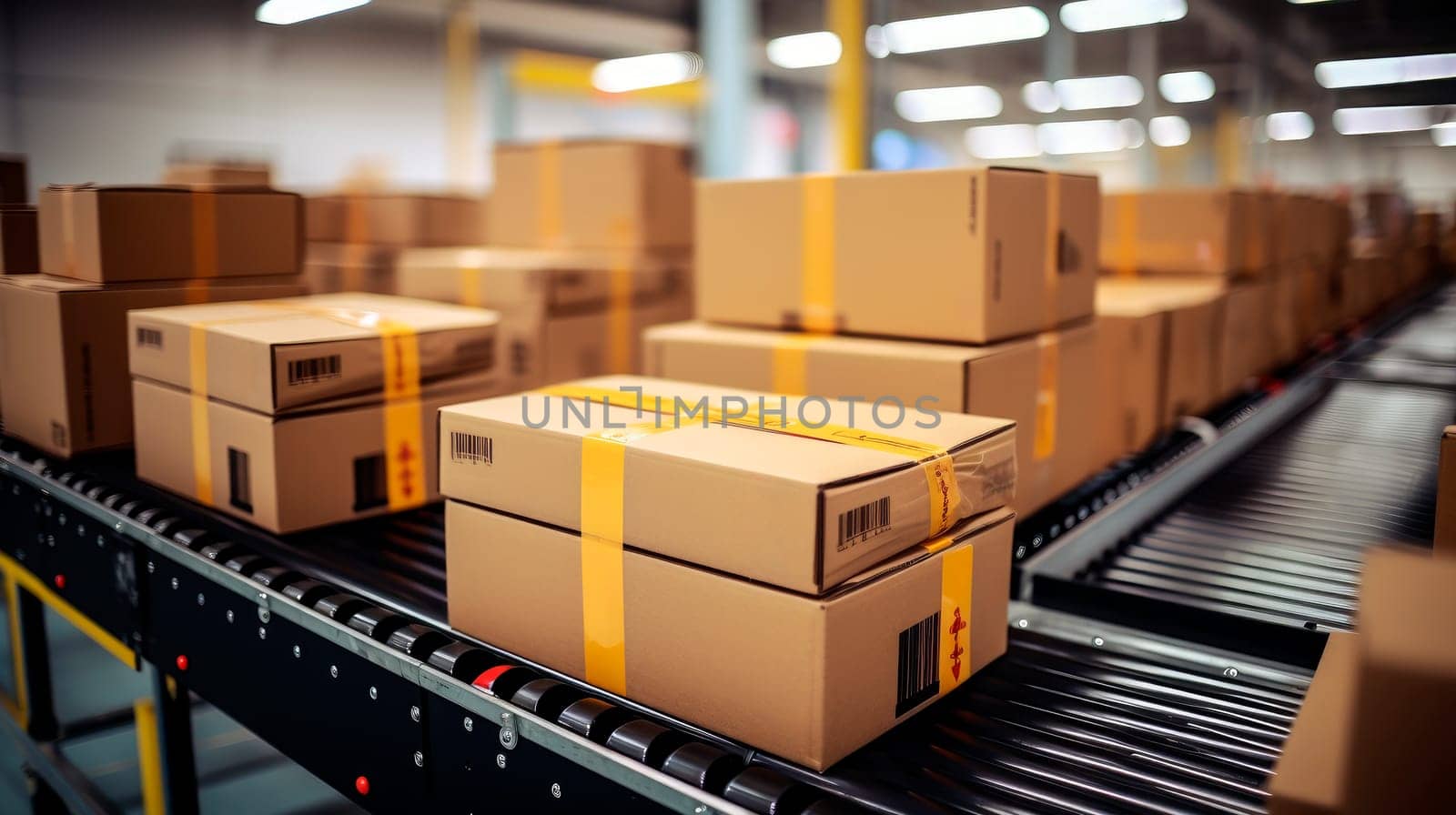 Multiple cardboard box packages moving along a conveyor belt in a warehouse fulfillment center. Cardboard boxes on conveyor rollers ready to be shipped by courier for distribution.AI generated