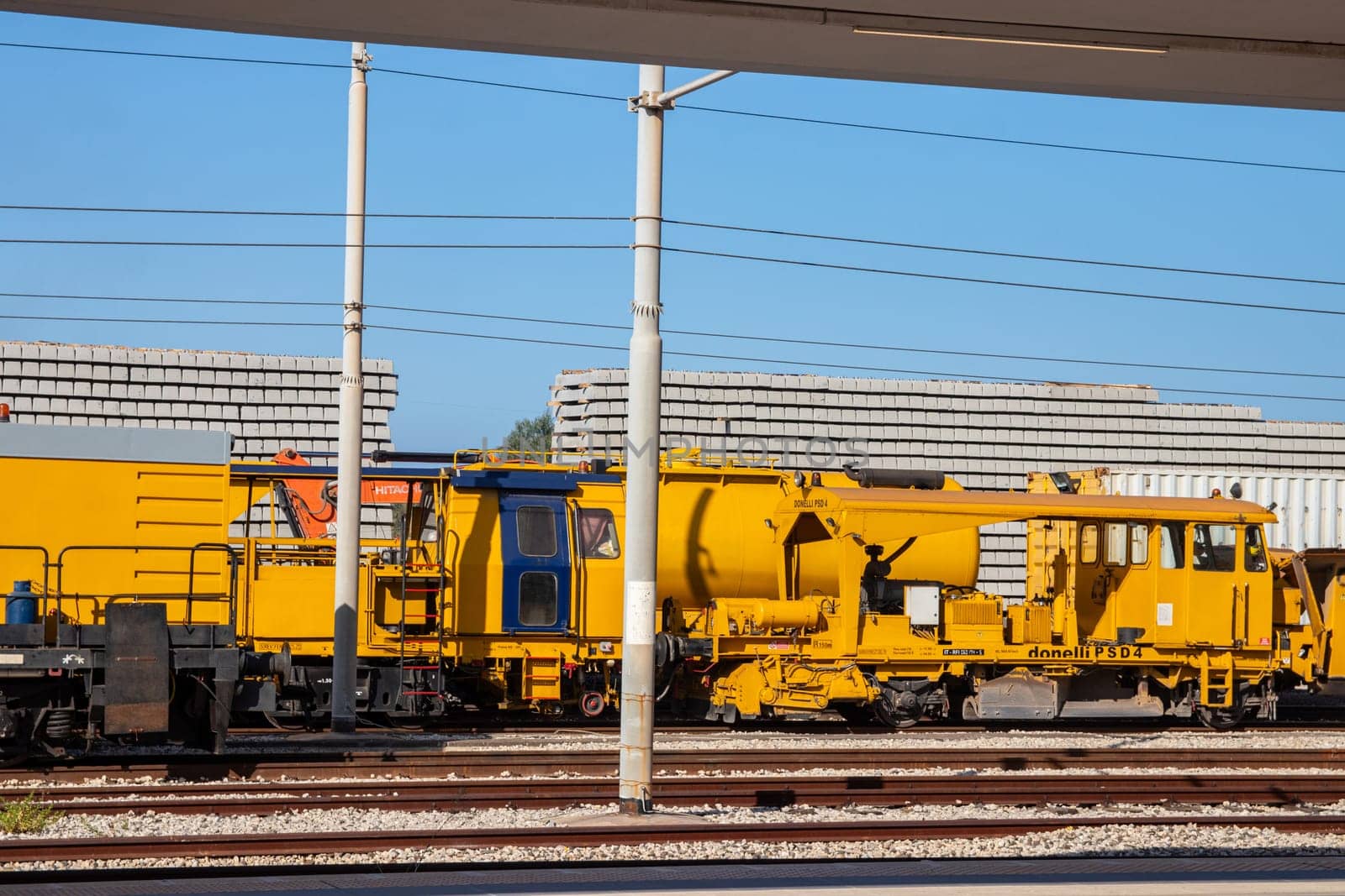 MILAZZO, SICILY, Italy - 03 October 2023. The donelli PSD4 is a ballast levelling machine. It is suitable for use as a trailing locomotive.