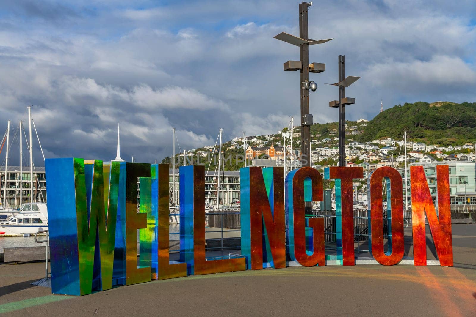 Wellington, New Zealand - May 13 2023 Wellington sign with letters in the port of Wellington. New Zealand