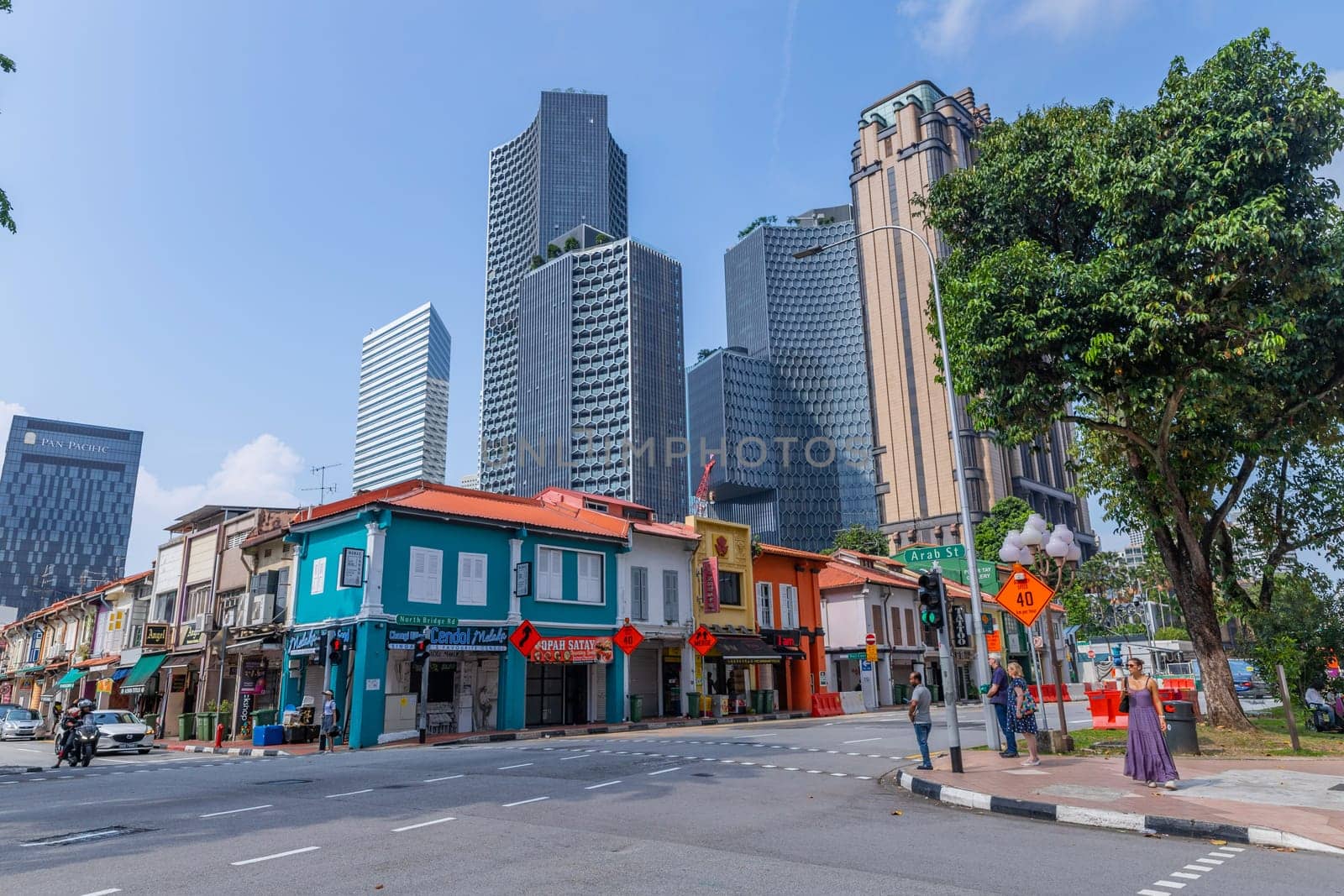 Singapore - 04 June 2023: City life on the streets of Arab quarter (Kampong Glam). Arab Quarter is the oldest historic shopping district of Singapore is popular for visiting tourists.