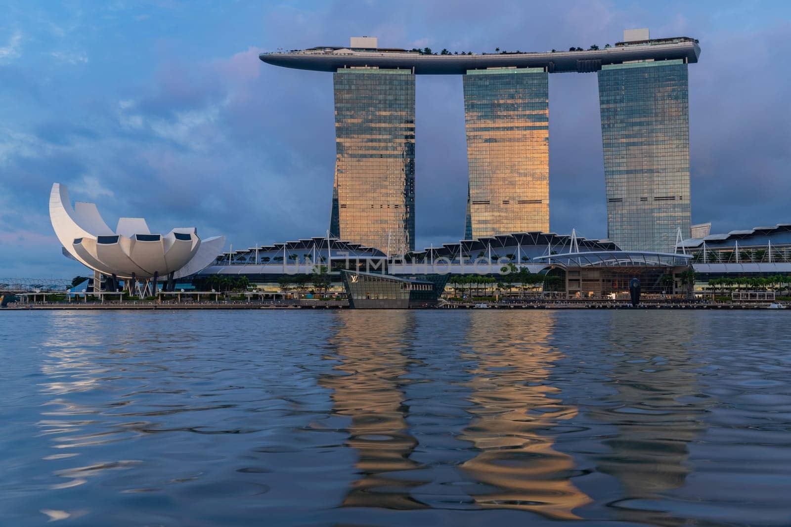 Marina Bay, Singapore - June 04, 2023 - The view of Marina Bay Sands Hotel at sunset
