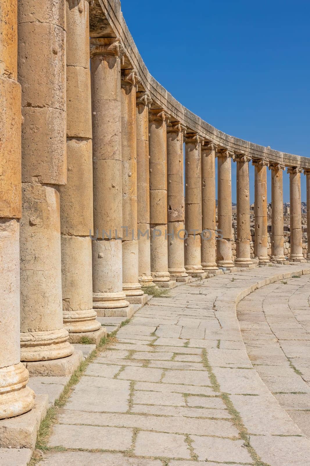 Oval Plaza (Square) at ruins of Jerash. Jordan. Vertically.