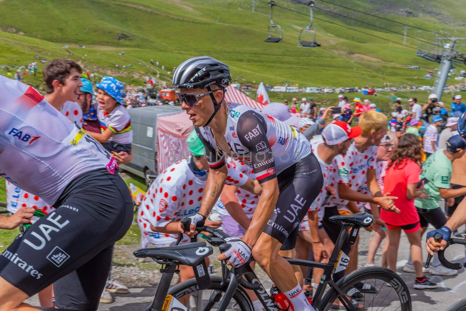 Col du Tourmalet, France - July 06 2023: Rafal Majka climbig the road to Col du Tourmalet in Pyerenees mountains during the stage 6 of Le Tour de France 2023.