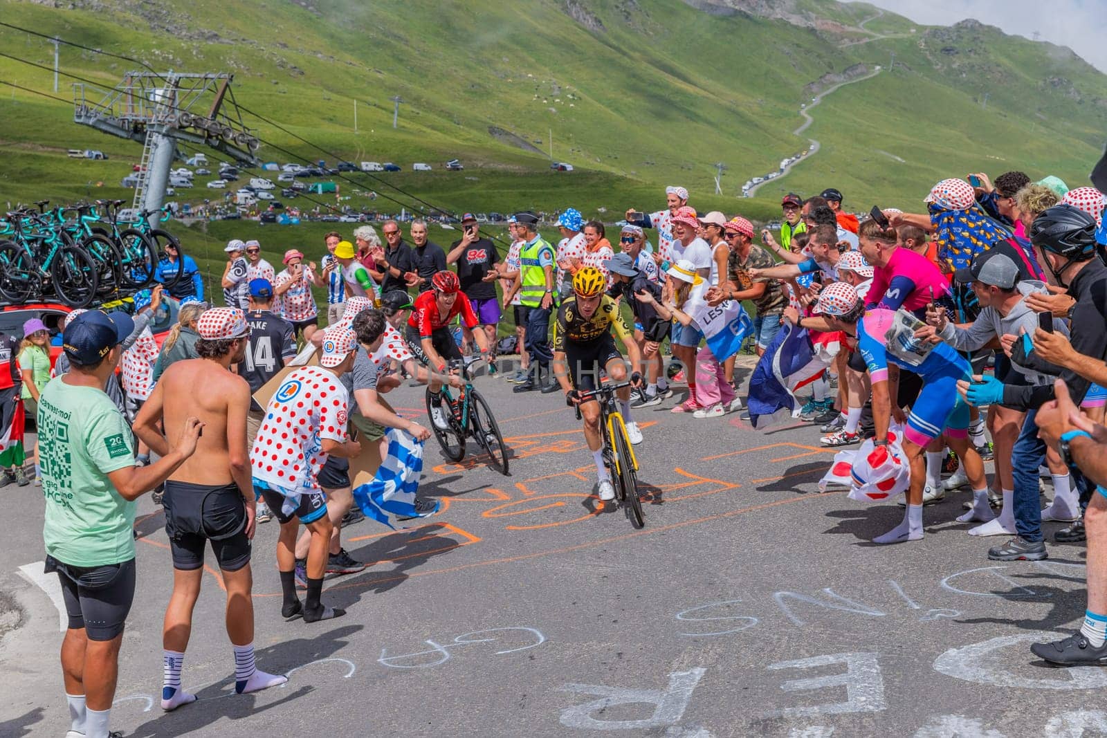Col du Tourmalet, France - July 06 2023: Sepp Kuss climbig the road to Col du Tourmalet in Pyerenees mountains during the stage 6 of Le Tour de France 2023.