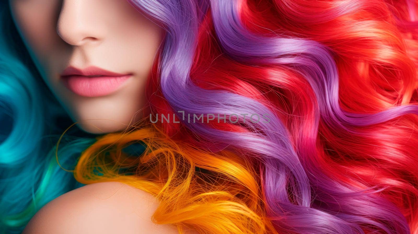 A closeup view of a bunch of shiny curls rainbow colors hair. Close-up of unidentified woman with multicolored hairs. AI generated