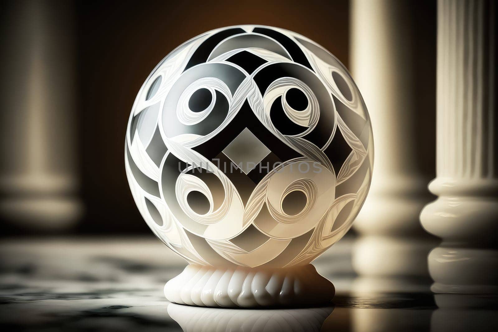 Abstract glossy sphere with geometric pattern. Generative AI design