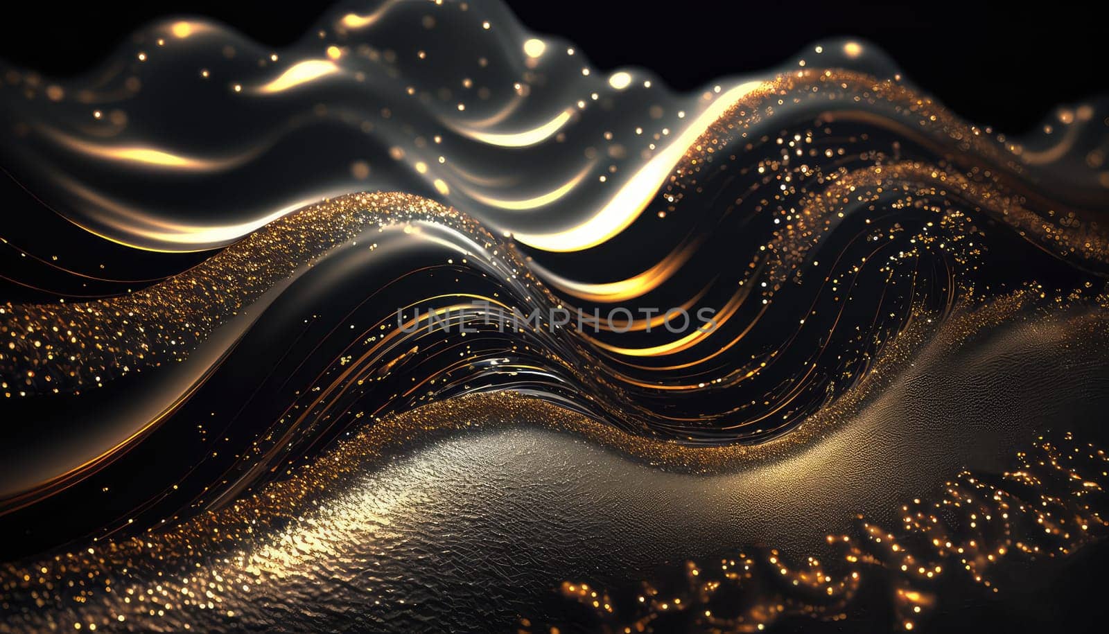 Golden smooth liquid waves and shiny particles abstract background. Generative AI design