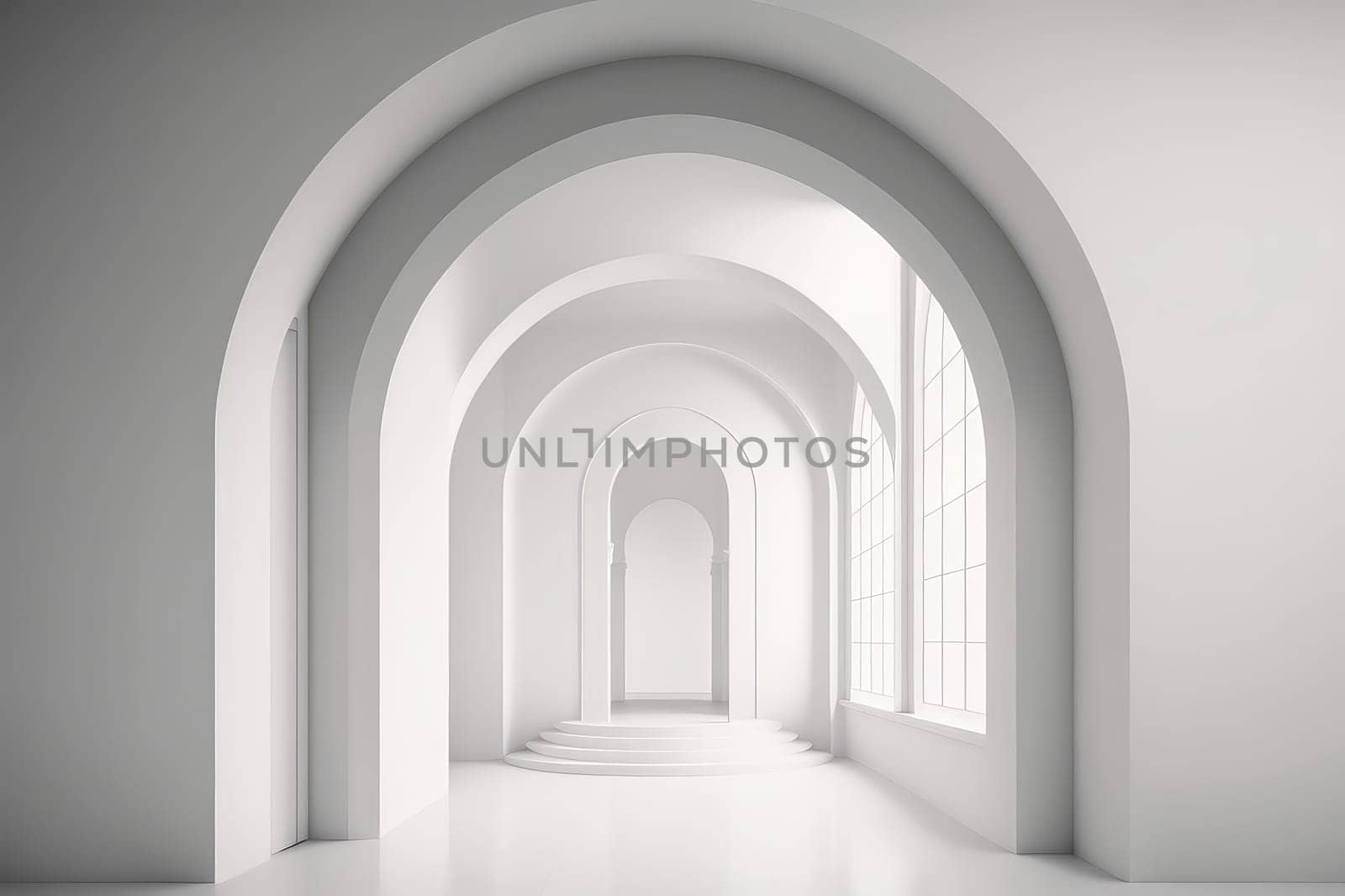 White minimalistic interior with arches. Generative AI design