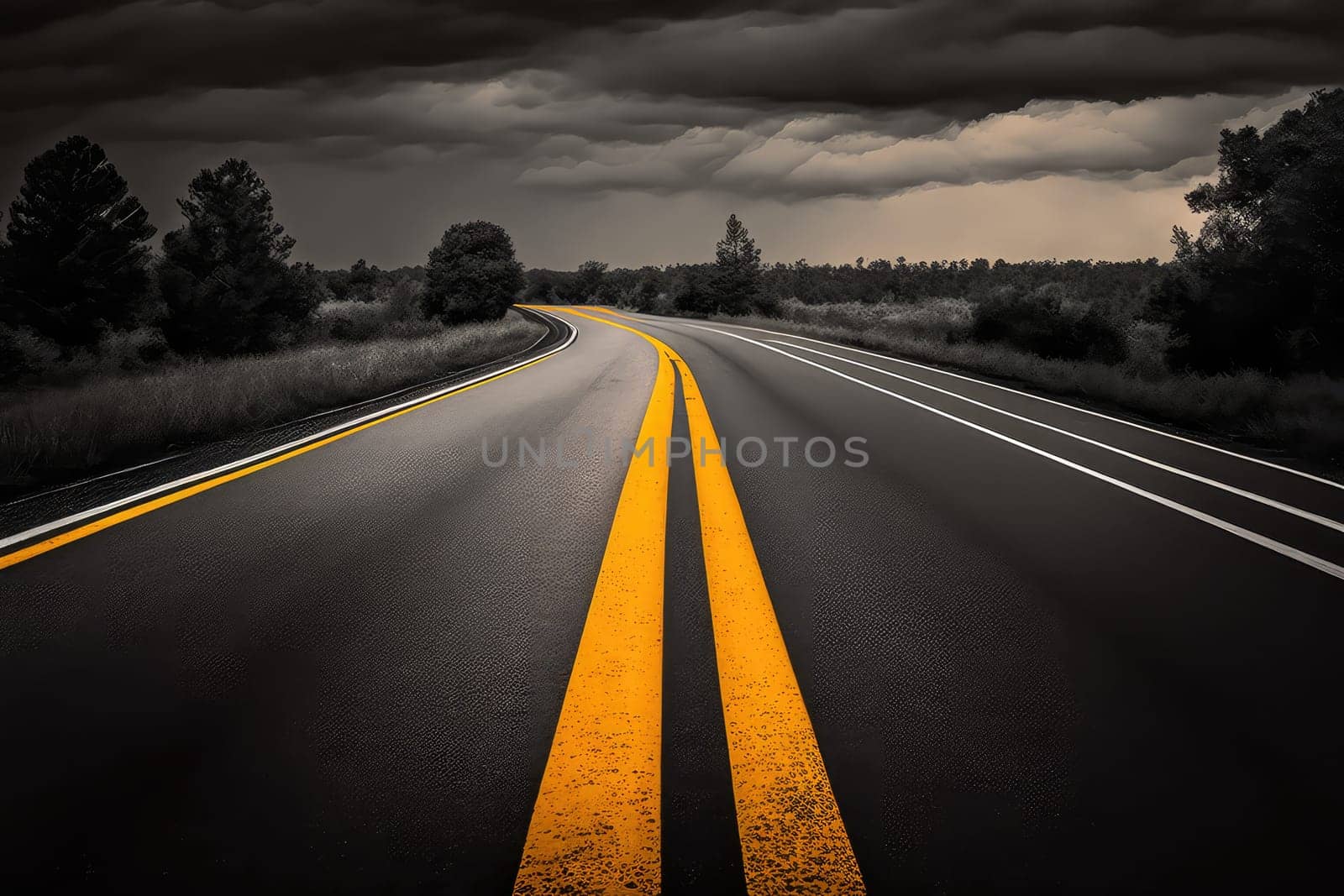 Asphalt empty high way and grey rural landscape. Generative AI design